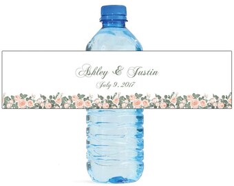 Hand drawn water color peonies Wedding Anniversary Water Bottle Labels Customizable self adhesive labels