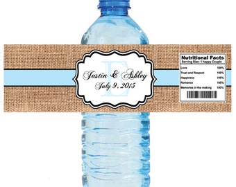 Burlap Pale Blue Stripe Monogram Wedding Water Bottle Labels Great for Engagement Bridal Shower Party