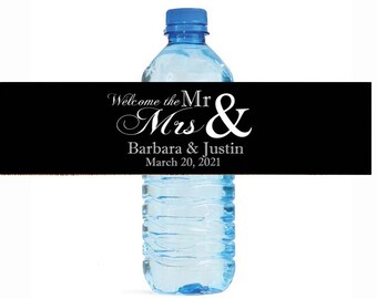 Welcome the Mr & Mrs on Black water bottle labels Wedding Bridal shower Water Bottle Labels Great for Engagement Party, Weddings