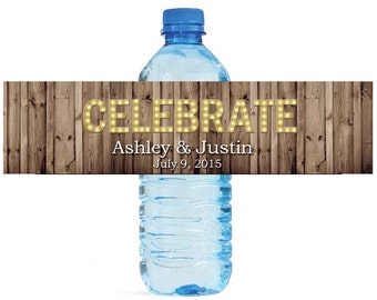 Rustic Wood Marquee Letters Celebrate Wedding Anniversary Engagment Party Water Bottle Labels Customizeable self stick labels