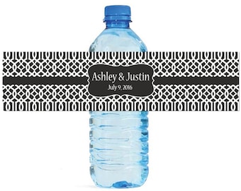 Black Moroccan Trellis pattern Wedding Anniversary Water Bottle Labels Customizable labels