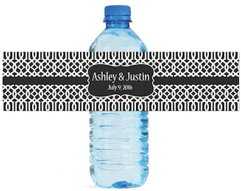 Black Moroccan Trellis pattern Wedding Anniversary Water Bottle Labels Customizable labels