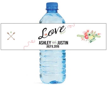 Floral Love Wedding Anniversary Engagment Party or any Event Water Bottle Labels Customizeable self stick labels