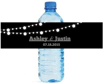Black background and white glowing Market Lights Wedding Anniversary Water Bottle Labels Customizable labels