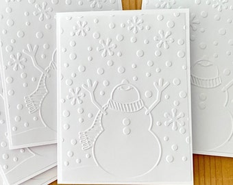 Winter Cards. Set of 5 Embossed Snowman Cards. White Christmas Cards