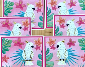Pink, Tropical Bird Note Cards. Yellow Crested Cockatoo Cards. Blank Note Cards with Gold Foil