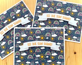 Rainbow and Sunshine Cards, Set of 3.  Let the Sun Shine!   Blank Any Occasion Greeting Cards, Handmade