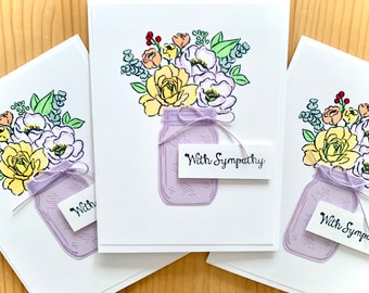 Handmade Sympathy Card. Flower Bouquet in Jar. Single Card, Set of 3, or Set of 10