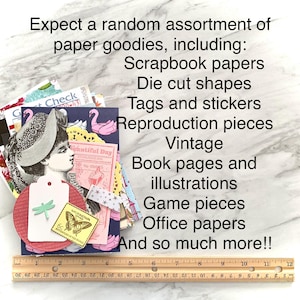 Packs include a random assortment of paper goodies, including: scrapbook papers, die cut shapes, tags, stickers, reproduction pieces, authentic vintage, book pages, book illustrations, game pieces, office papers, and so much more. A variety of sizes included.