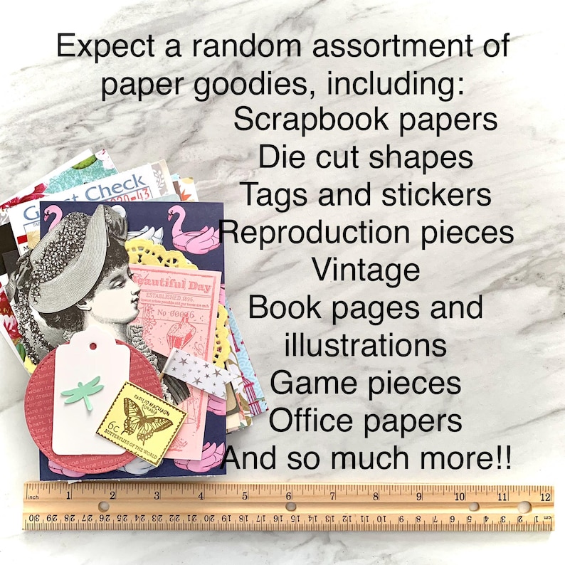 Packs include a random assortment of paper goodies, including: scrapbook papers, die cut shapes, tags, stickers, reproduction pieces, authentic vintage, book pages, book illustrations, game pieces, office papers, and so much more. A variety of sizes included.
