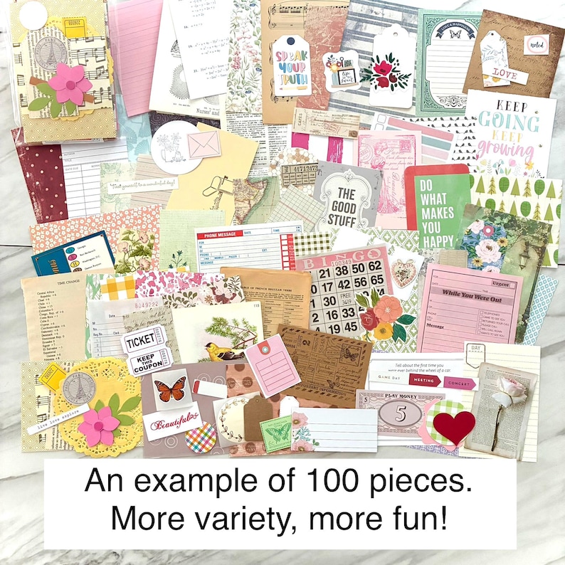 May include: A collection of vintage-style paper ephemera, including tags, tickets, and cards, in various colors and patterns. The image includes text that reads "An example of 100 pieces. More variety, more fun!" Ideal for scrapbooking and crafting projects.