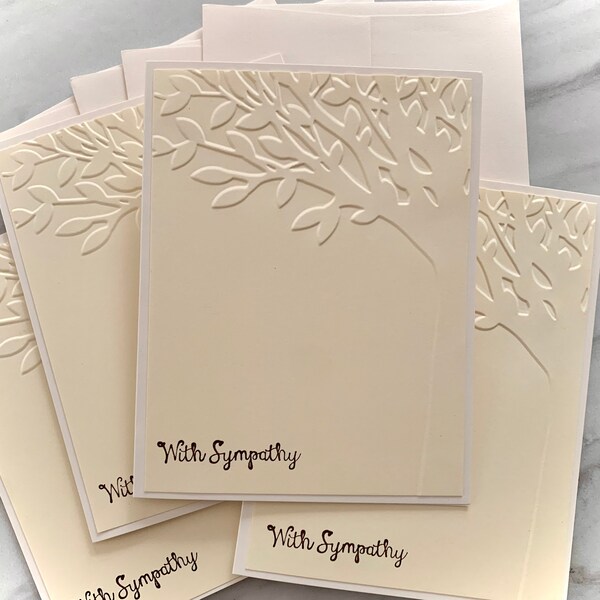 Handmade Sympathy Cards, Embossed Tree. Blank Condolence Greeting Cards. Set of 4, 10, or 25.