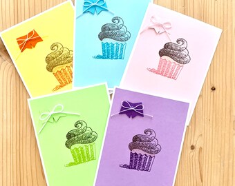 Cupcake Birthday Cards, Set of 5. Blank Happy Birthday Greeting Cards