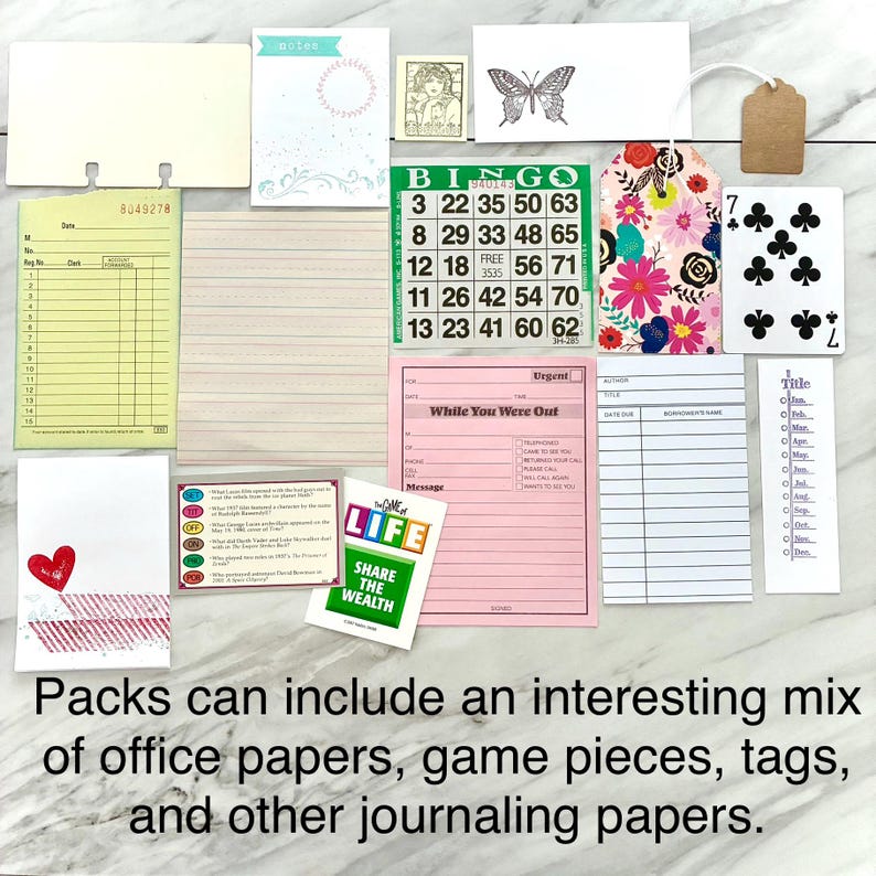 May include: A collection of vintage ephemera, including a bingo card, playing card, tags, and notepaper. The items are in various colors, with floral and butterfly designs. Text on the items includes "Urgent" and "Share the Wealth."