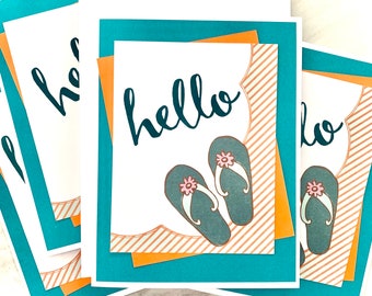 4 Summer Hello Cards. Blank Cards with Flip Flops, Beach Sandals