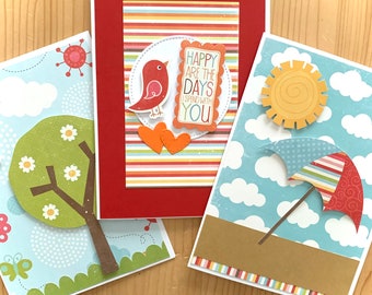 Summer Cards, Set of 3 Assorted Designs.  Tree, Beach Umbrella, Bird