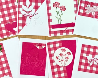 Pink Gingham Stationery Gift. Set of 8 Handmade Cards, Assortment