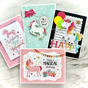 Unicorn Birthday Card, Assortment Set of 4 Handmade Happy Birthday Cards for Girls