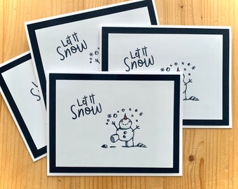 Snowman Winter Cards. Let it Snow, Set of 4 Handmade Blue Christmas Cards