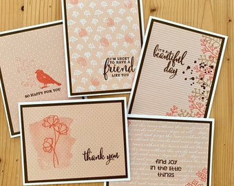 Handmade Cards, Assortment of 5 Peach Greeting Cards