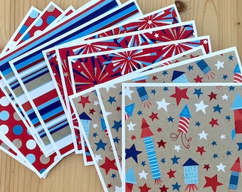 12 Patriotic Note Cards. Assortment of Red, White, and Blue Cards for Memorial Day, Veteran's Day, and 4th of July