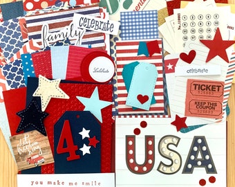 Patriotic Ephemera. 200 ct. Red, White, and Blue Paper Pieces and Tags for Junk Journals and Mixed Media