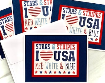Handmade Patriotic Greeting Card: Stars & Stripes, I Love USA. Set of 4