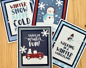 Set of 4, Winter Greeting Cards. Assorted Blue Christmas Cards, Blank Inside