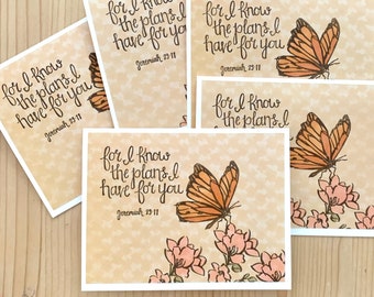 Bible Verse Greeting Cards. For I know the Plans I have for you. Jeremiah 29:11. Orange Butterfly Note Cards