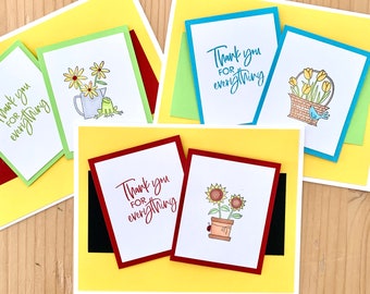 Handmade Thank you Card, Set of 3.  Flower Cards,  Thank you for Everything