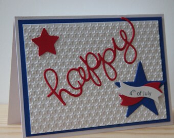 4th of July Card. Blank Patriotic Card. Handmade Happy 4th of July Card. Embossed Star Card. Red, white, and blue America Card.