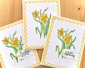 Handmade Happy Spring Card with Daffodils. Spring Greeting Card.  Single Card or Set of 4