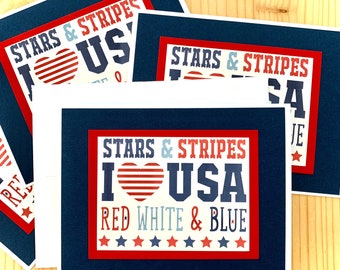 USA Patriotic Greeting Card.  Stars and Stripes, I Love USA.  Single Card or Set of 4