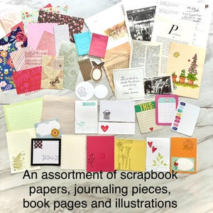 May include: An assortment of scrapbook papers, journaling pieces, book pages, and illustrations. The image shows a variety of colorful papers, cards, and ephemera with floral, patterned, and handwritten designs. Includes the text "An assortment of scrapbook papers, journaling pieces, book pages and illustrations."