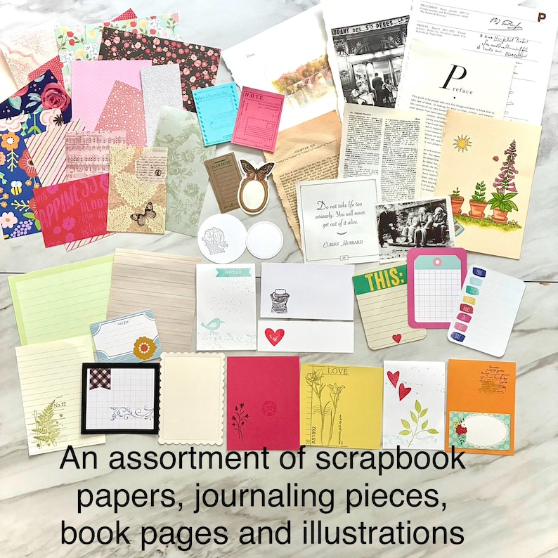 May include: An assortment of scrapbook papers, journaling pieces, book pages, and illustrations. The image shows a variety of colorful papers, cards, and ephemera with floral, patterned, and handwritten designs. Includes the text "An assortment of scrapbook papers, journaling pieces, book pages and illustrations."