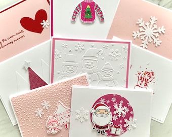 Handmade Pink Christmas Card Set of 8. Assorted Designs