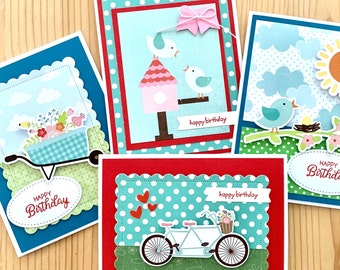 Handmade Birthday Cards. Set of 4 Garden-themed Cards. Birds, Wheelbarrow, Birdhouse, Bicycle