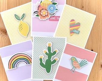 Handmade Cards, Assorted Designs. Set of 6.  Rainbow, Bird, Heart, Lemon, Flowers, Cactus.  Any Occasion Greeting Cards. Blank Inside