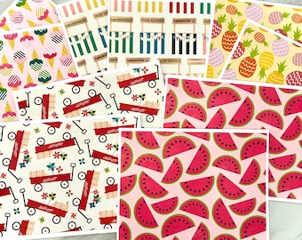 Summer Note Card Assortment. 10, Blank Cards. Watermelon, Lemonade Stand, Wagons, Ice-Cream Cones, Pineapples