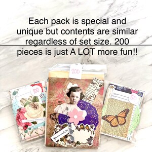 May include: Three packs of decorative paper ephemera. One pack has a tag that says "100", another says "200", and the last says "50". The packs contain vintage-style images, flowers, butterflies, and text. The text in the image says "Each pack is special and unique".
