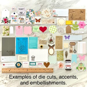 May include: A collection of die cuts, accents, and embellishments in various shapes and colors. Includes tags, tickets, butterflies, hearts, flowers, and patterned circles. The text "Examples of die cuts, accents, and embellishments" is at the bottom.