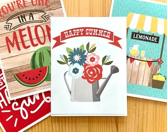 4 Summer Cards. Blank, Any Occasion Cards with Summer Themes. Watermelon, Lemonade, Watering Can