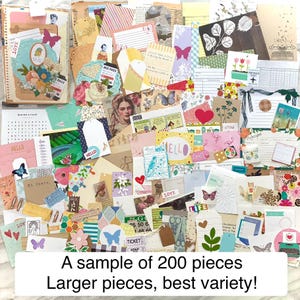 May include: A collection of assorted paper ephemera, including tags, cards, and decorative elements. The assortment features butterflies, floral designs, and handwritten notes. The text on the image reads: "A sample of 200 pieces. Larger pieces, best variety!"