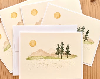 Mountain Card Set.  5 Handmade Blank Cards with a Mountain Scene. Masculine Note Cards