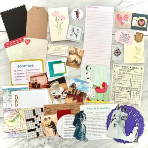 May include: A collection of scrapbook ephemera, including tags, cards, and decorative elements. Features floral illustrations, vintage images, and handwritten notes. Includes a crossword puzzle, map, and a ticket that says "Free Admission."