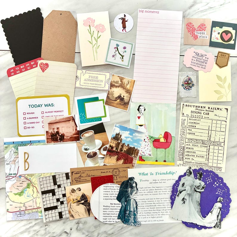 May include: A collection of scrapbook ephemera, including tags, cards, and decorative elements. Features floral illustrations, vintage images, and handwritten notes. Includes a crossword puzzle, map, and a ticket that says "Free Admission."