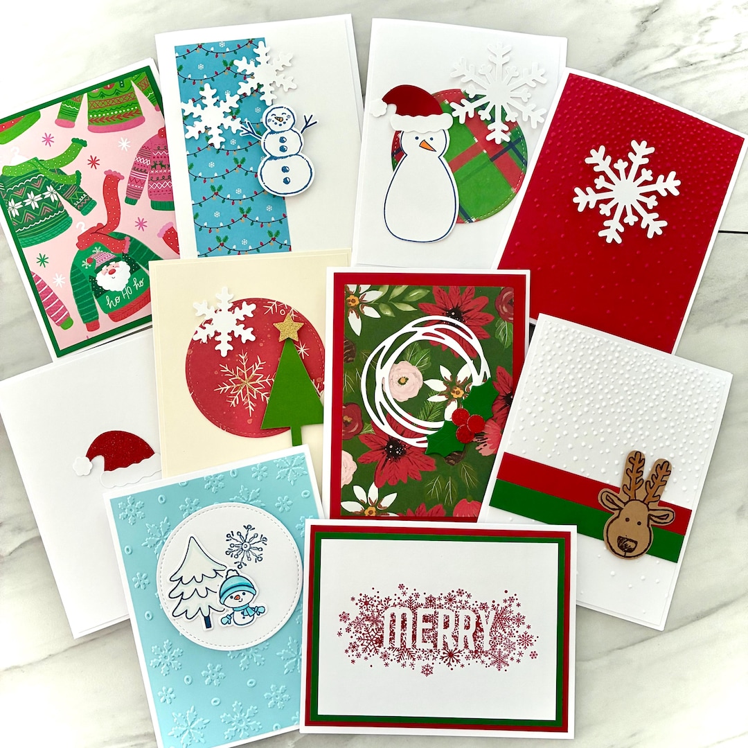 Handmade Christmas Cards. Set of 10, Holiday Greeting Cards, Assorted ...