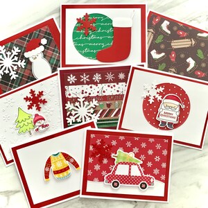 Red Christmas Card Assortment. Set of 8 Handmade Holiday Cards.