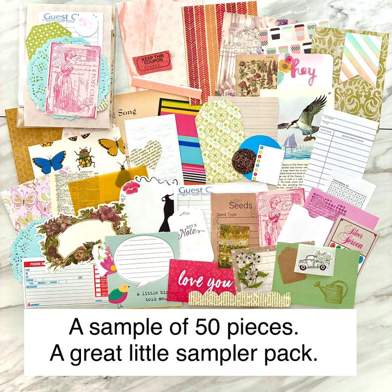 May include: A collection of ephemera, including tags, cards, and paper scraps, in various colors and patterns. The assortment includes floral designs, butterflies, and the text "love you". The text "A sample of 50 pieces. A great little sampler pack." is also visible.