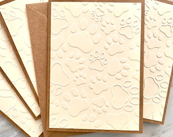 5 Embossed Paw Print Note Cards. Handmade Kraft Cards for Pet Gift